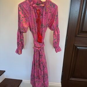 Cynthia Rowley Pink and Red Wrap Dress with Bishop Sleeves